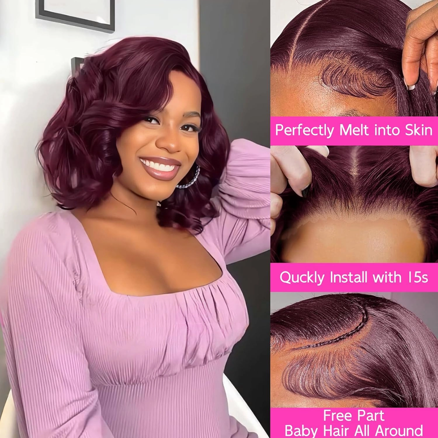 13x6 99J Burgundy Body Wave Bob Wig 250% Preplucked Human Hair Lace Front Wigs