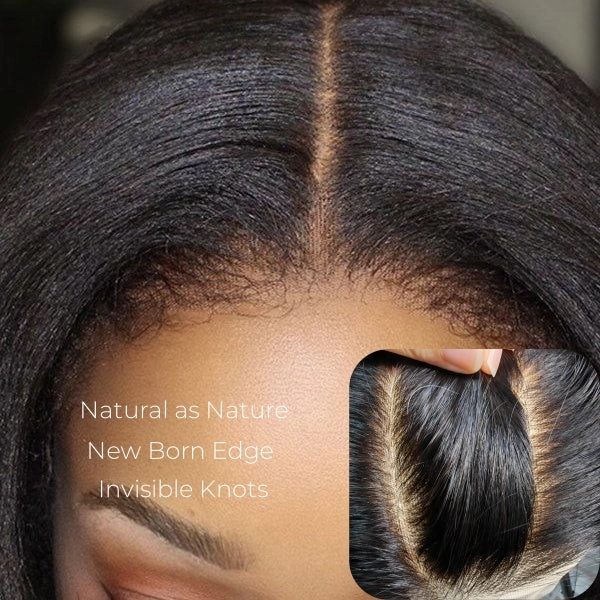 [NEW BORN EDGE   KNOT-FREE] 13x6 Skin Melt HD Lace Human Hair Frontal Blunt Cut Light Yaki Bob Wig