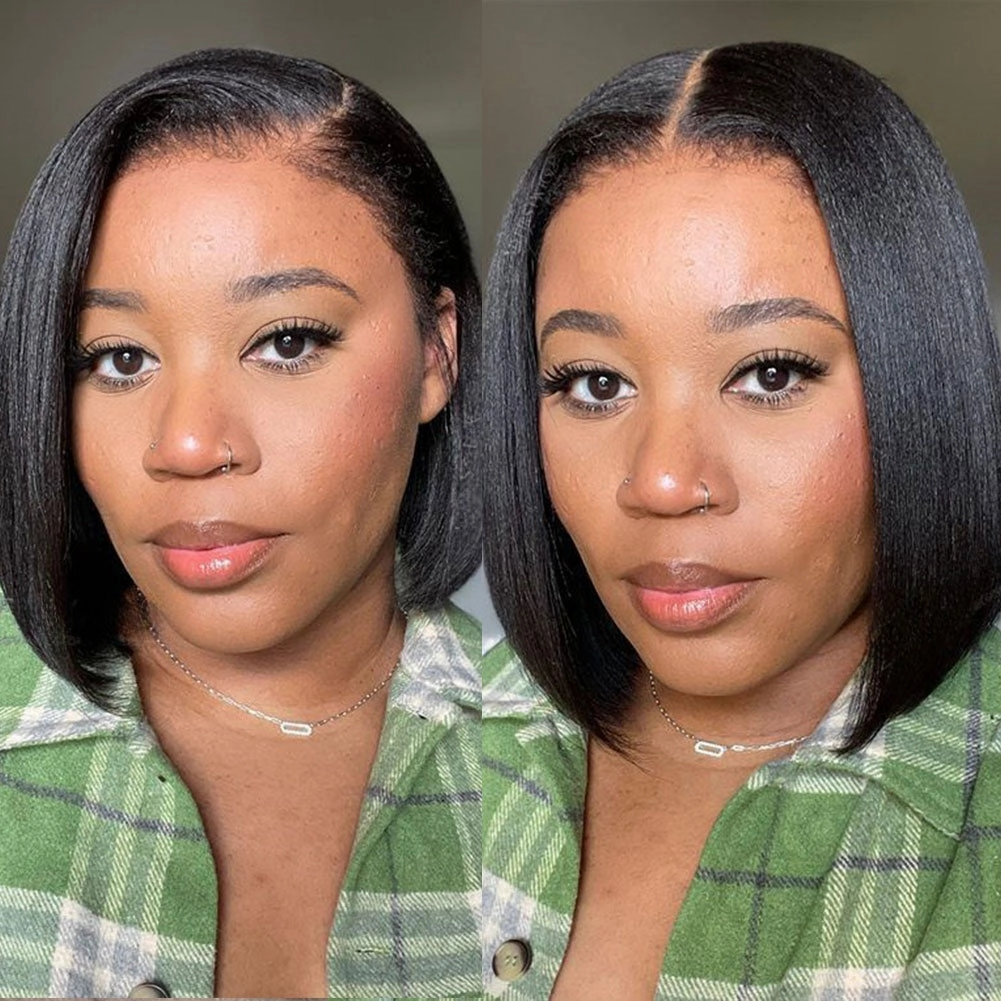 [NEW BORN EDGE   KNOT-FREE] 13x6 Skin Melt HD Lace Human Hair Frontal Blunt Cut Light Yaki Bob Wig