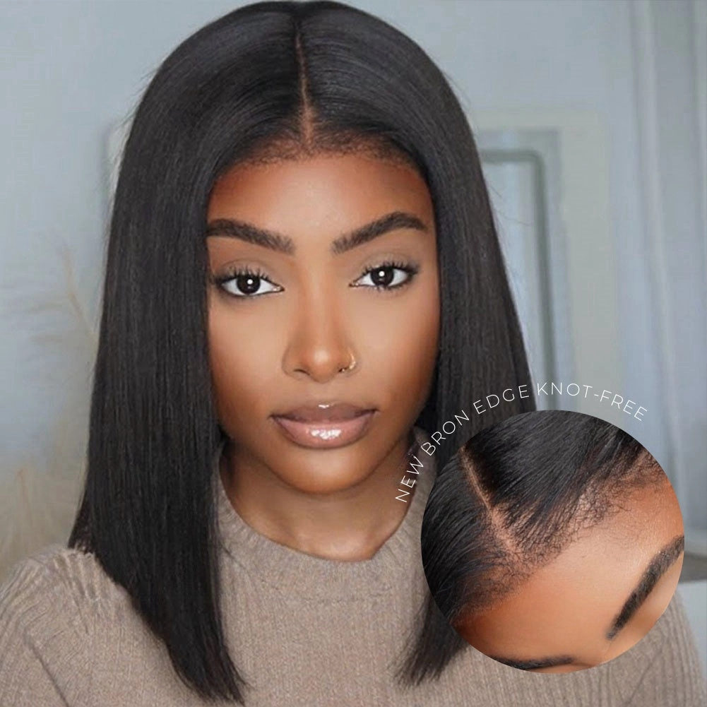 [NEW BORN EDGE   KNOT-FREE] 13x6 Skin Melt HD Lace Human Hair Frontal Blunt Cut Light Yaki Bob Wig