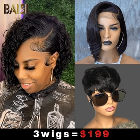 Baisi 1 Sexy Curly Wig 1 Straight BoB Wig 1 Machine Made Wig=$199