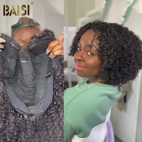 BAISI 250% V Part Human Hair Curly BoB Wig