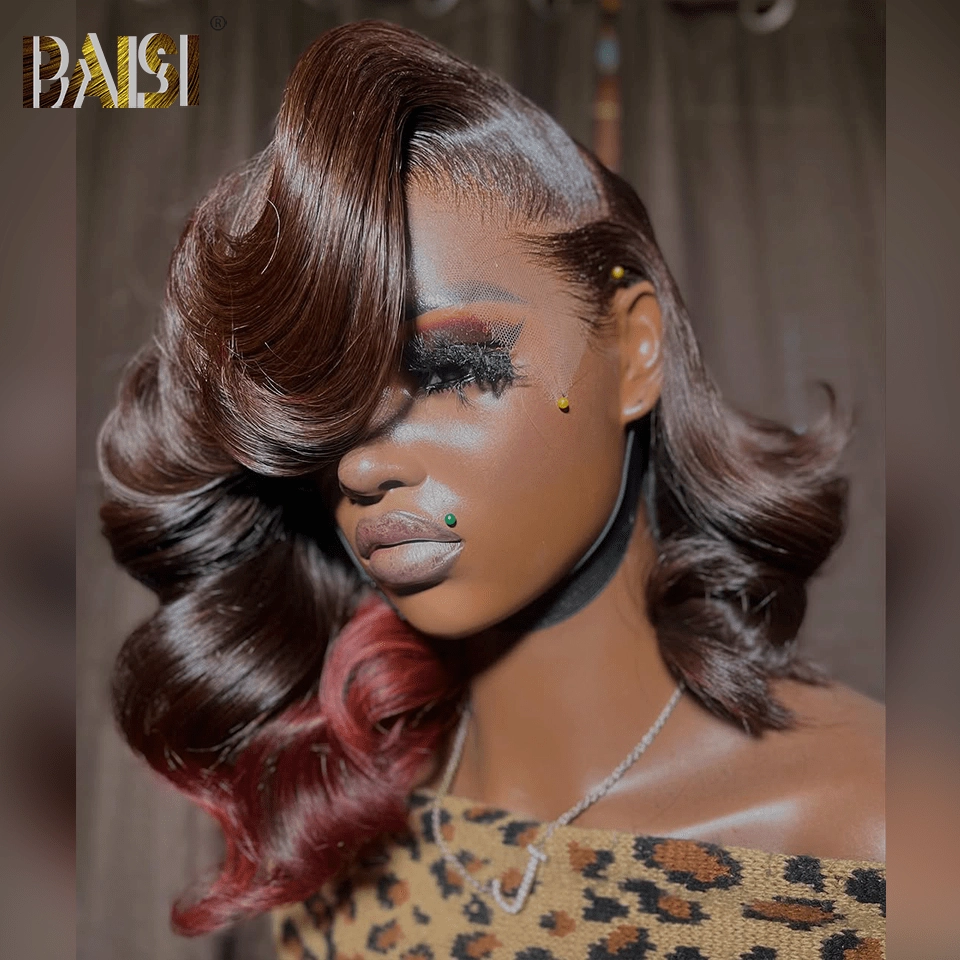 BAISI 4#/Red Wavy Side Part BOB Wig