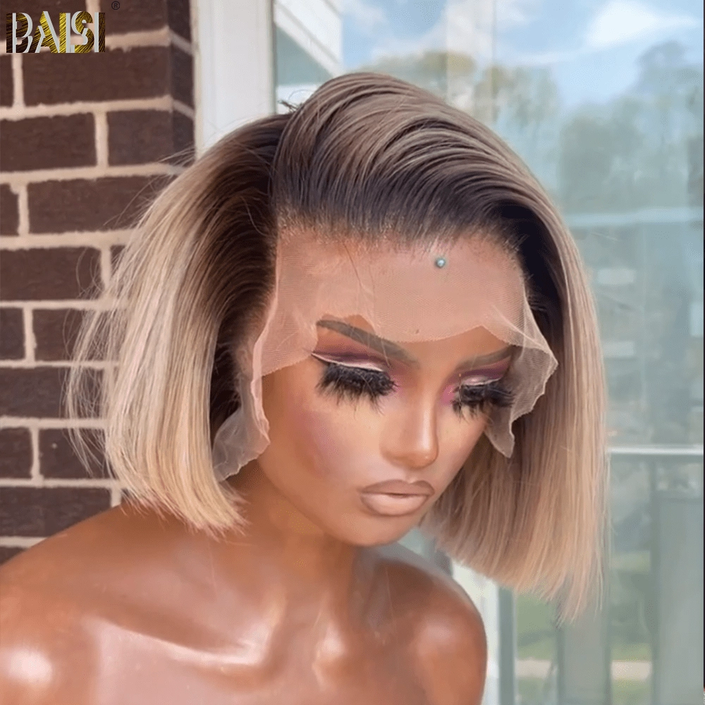BAISI Ash Blonde With Dark Root Lace Straight BoB Wig
