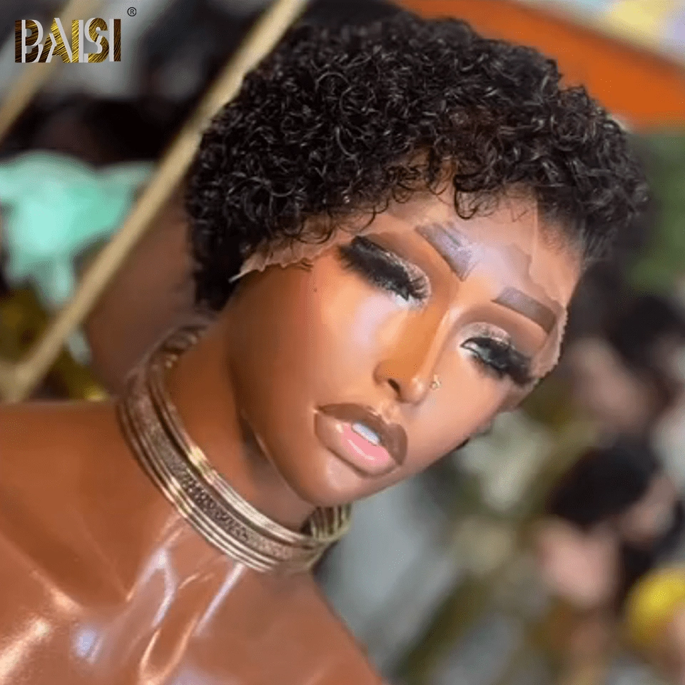 BAISI Black Curly Short Pixie Wig