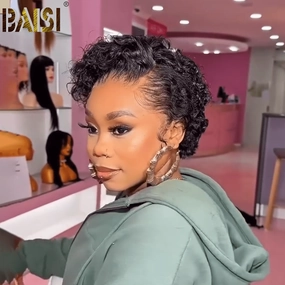 BAISI Black Wet Curly Short Wig