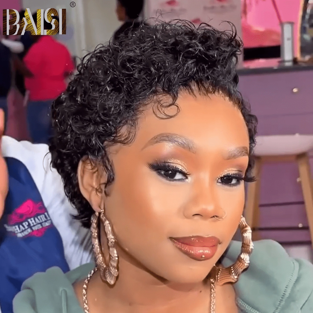 BAISI Black Wet Curly Short Wig