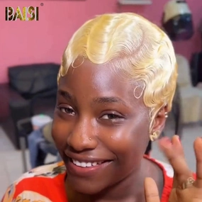 BAISI Blonde Pixie Finger Wave Short Cut Lace Wig