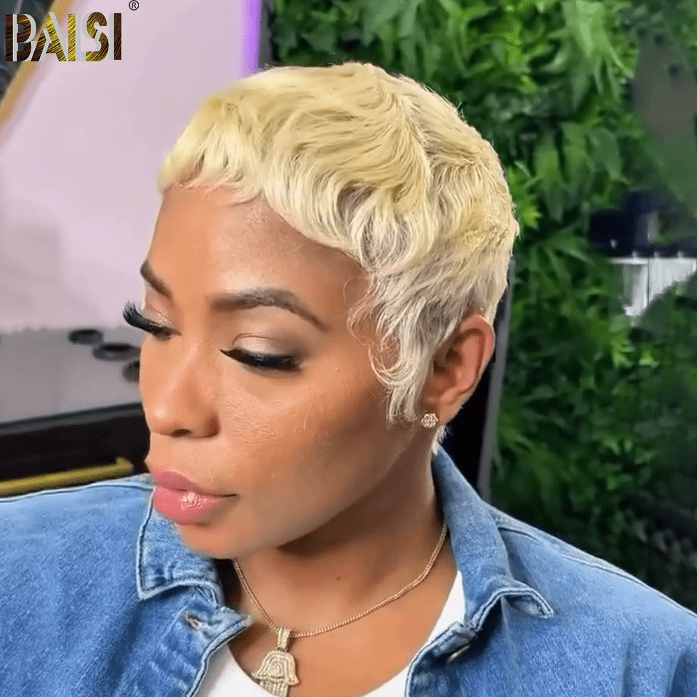 BAISI Blonde PIXIE Tapered Cut Machine Made Wig