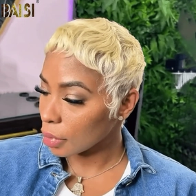 BAISI Blonde PIXIE Tapered Cut Machine Made Wig