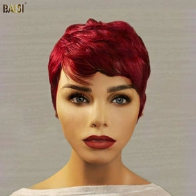 BAISI Burgundy PIXIE Tapered Cut Machine Made Wig