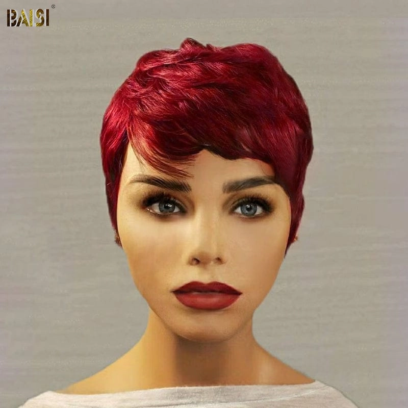 BAISI Burgundy PIXIE Tapered Cut Machine Made Wig