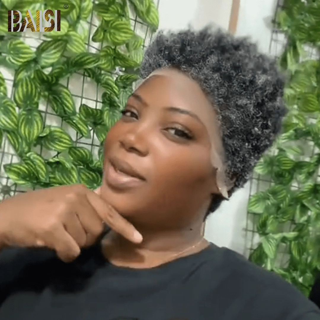 BAISI Charming Short Salt And Pepper Afro Lace Wig