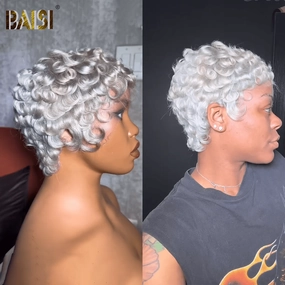 BAISI Cute Silver Finger Wave Pixie Wig