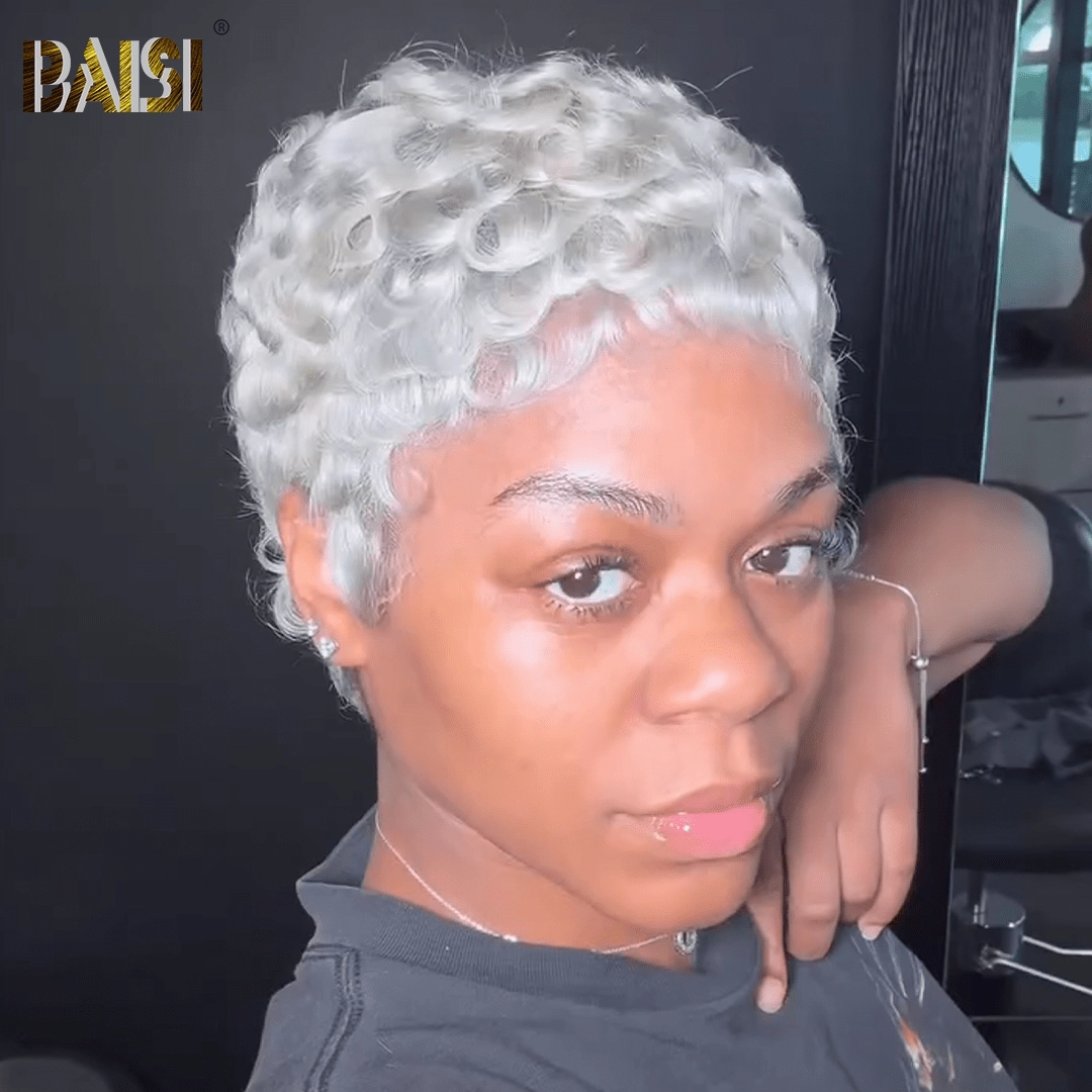 BAISI Cute Silver Finger Wave Pixie Wig