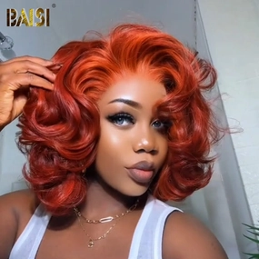 BAISI Dark Orange Wavy Lace BOB Wig