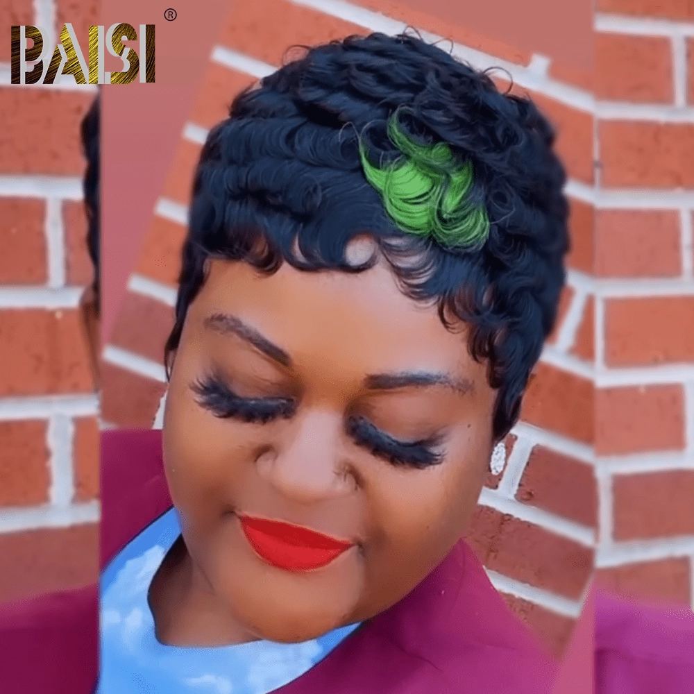 BAISI Finger Wave Machine With Green Highlight  Made Wig