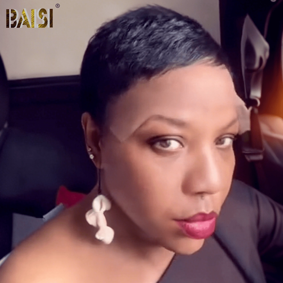 BAISI Full Lace Pixie Straight Super Short Black Wig