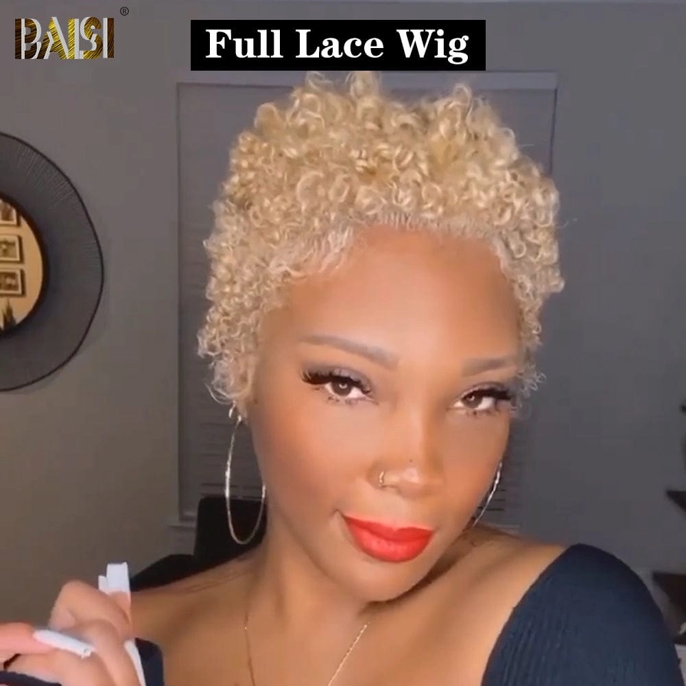 BAISI Full Lace Short Curly Blonde Wig