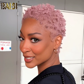 BAISI Full Lace Super Short Light Pink Curly Wig