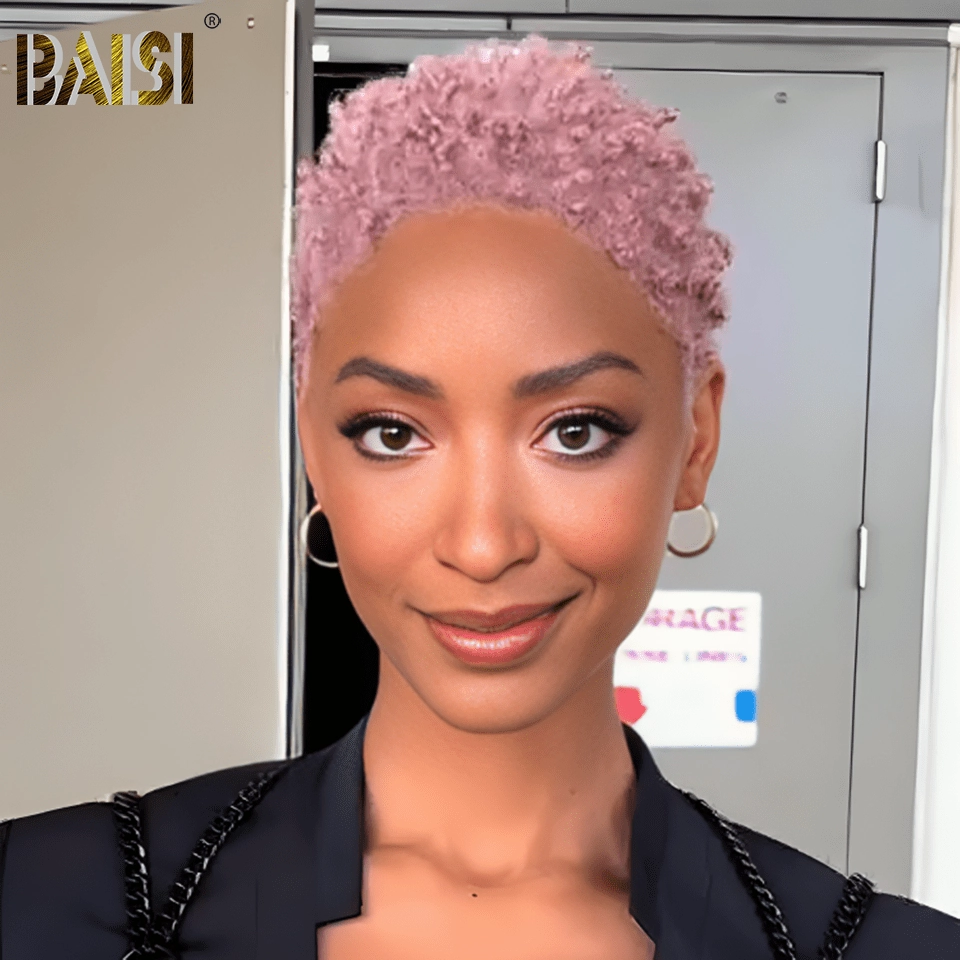 BAISI Full Lace Super Short Light Pink Curly Wig