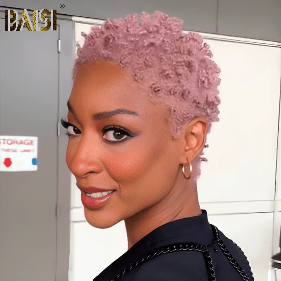 BAISI Full Lace Super Short Light Pink Curly Wig