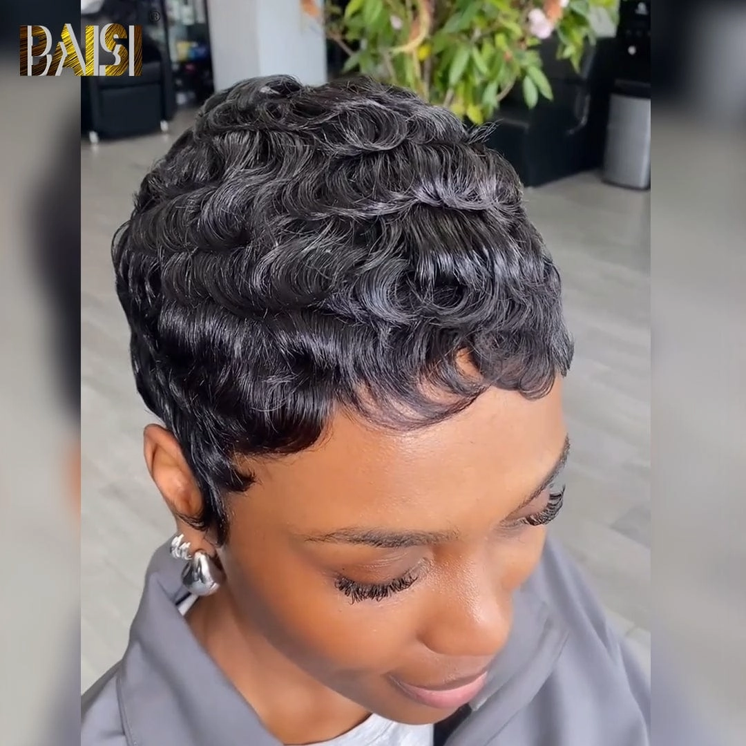 BAISI Full Lace Super Short Natura Black Quick  Wave Wig