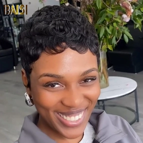 BAISI Full Lace Super Short Natura Black Quick  Wave Wig