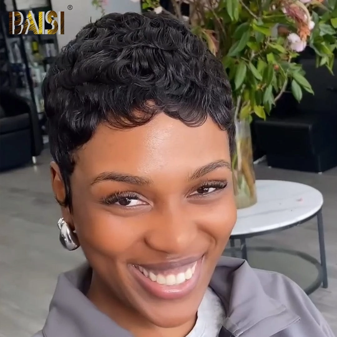 BAISI Full Lace Super Short Natura Black Quick  Wave Wig