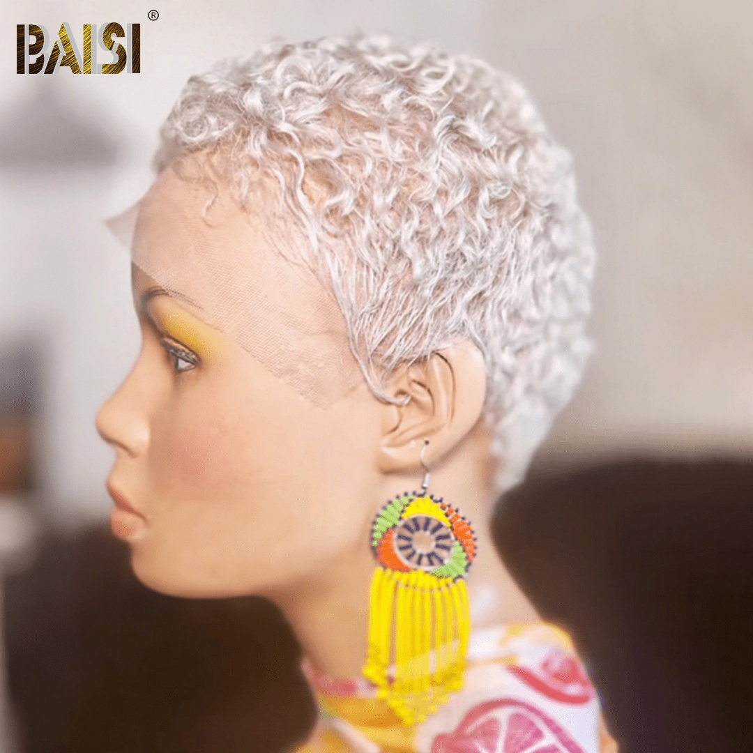 BAISI Full Lace Super Short Silver Curly Wig