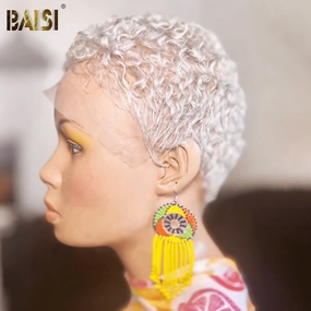 BAISI Full Lace Super Short Silver Curly Wig