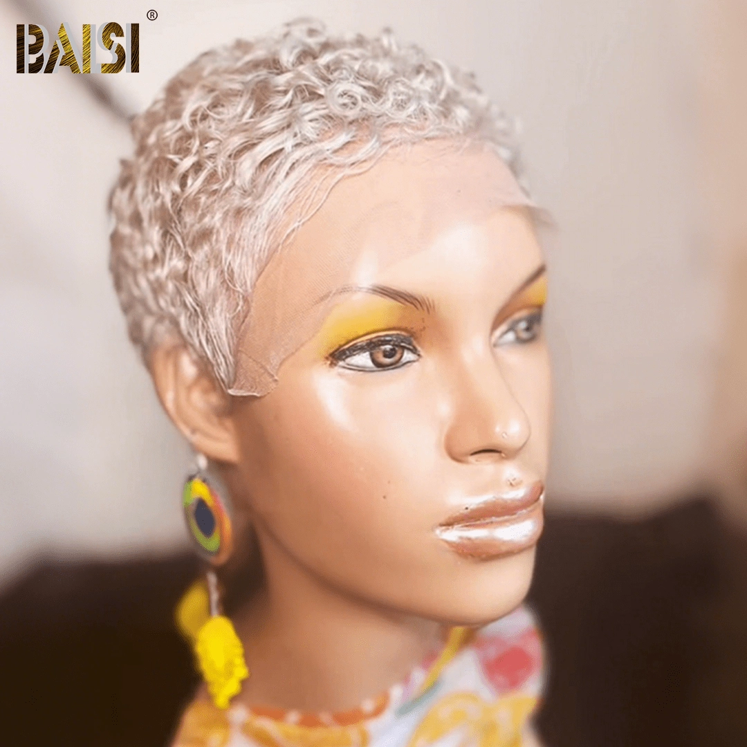 BAISI Full Lace Super Short Silver Curly Wig