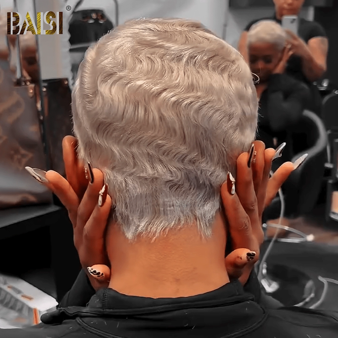 BAISI Full Lace Super Short Silver Short Wig
