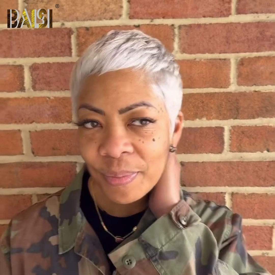 BAISI Full Lace Super Short Silver Wig