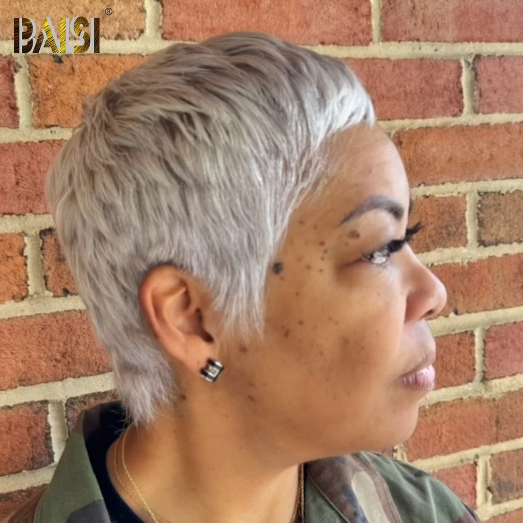 BAISI Full Lace Super Short Silver Wig