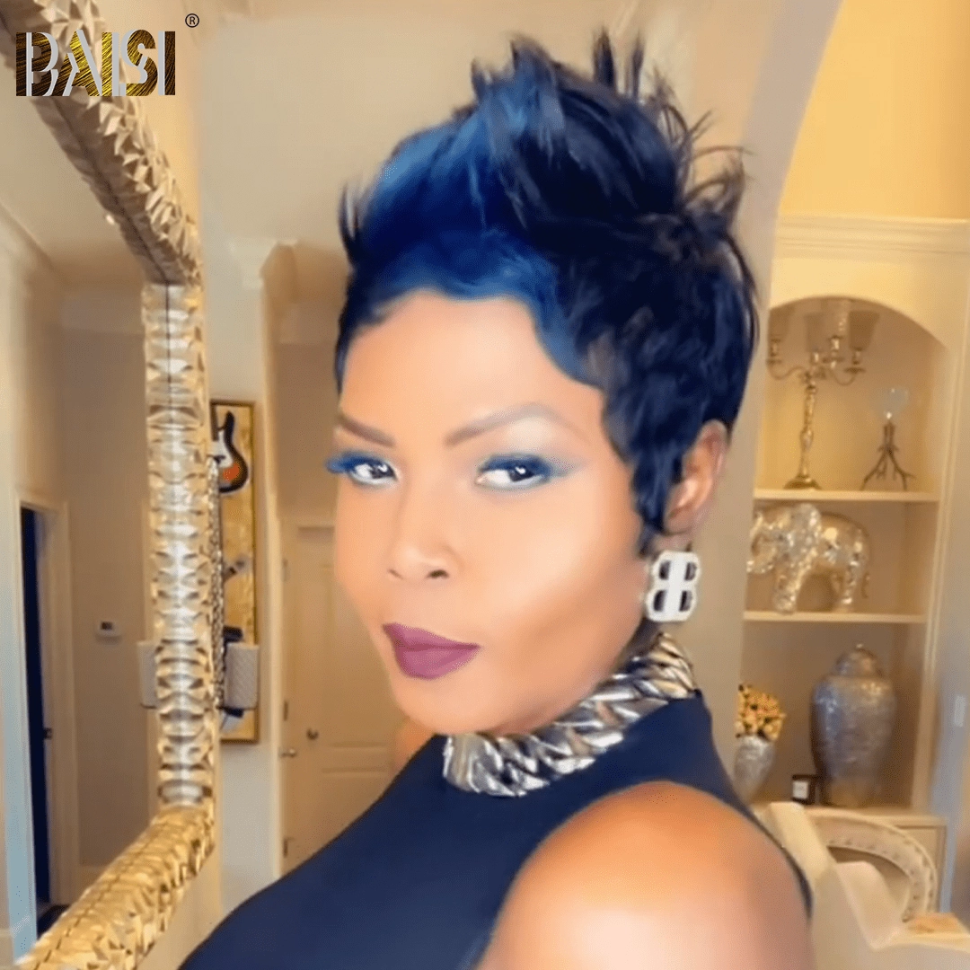 BAISI Full Lace With Blue Highlight Short Cut Wig