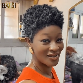 BAISI Grey Afro Curly Short Lace Wig