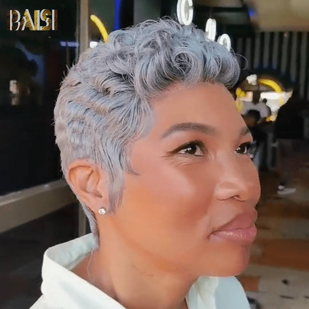 BAISI Grey Full Lace Short Pixie Cut Wig