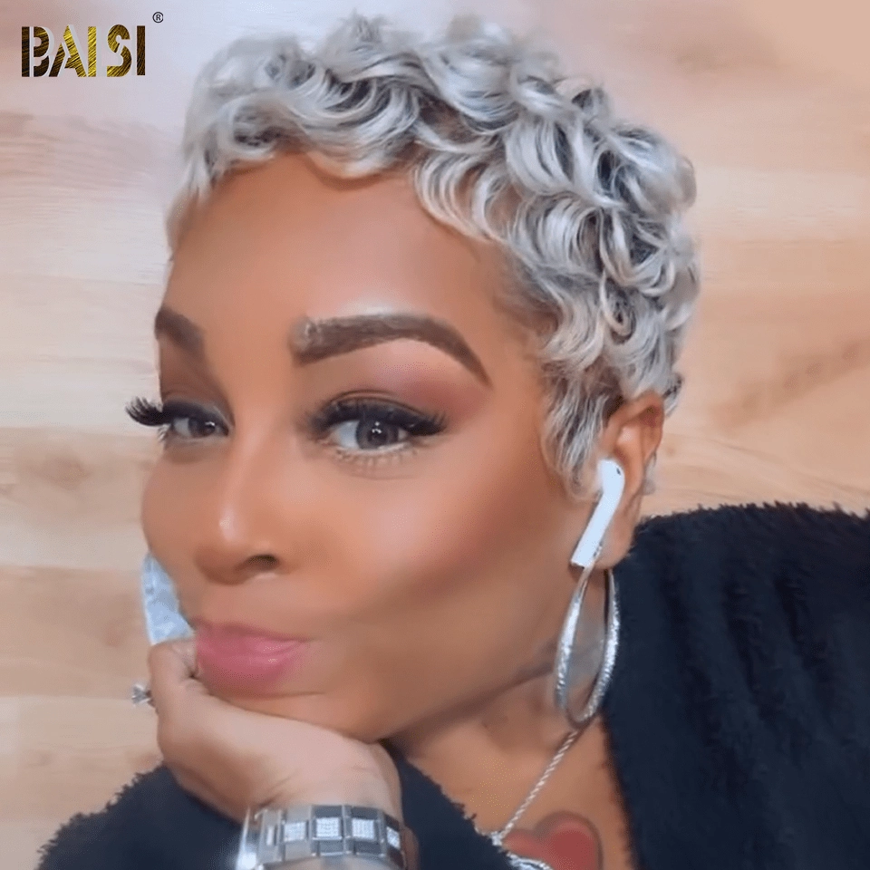 BAISI Grey With Dark Root Finger Wave Wig