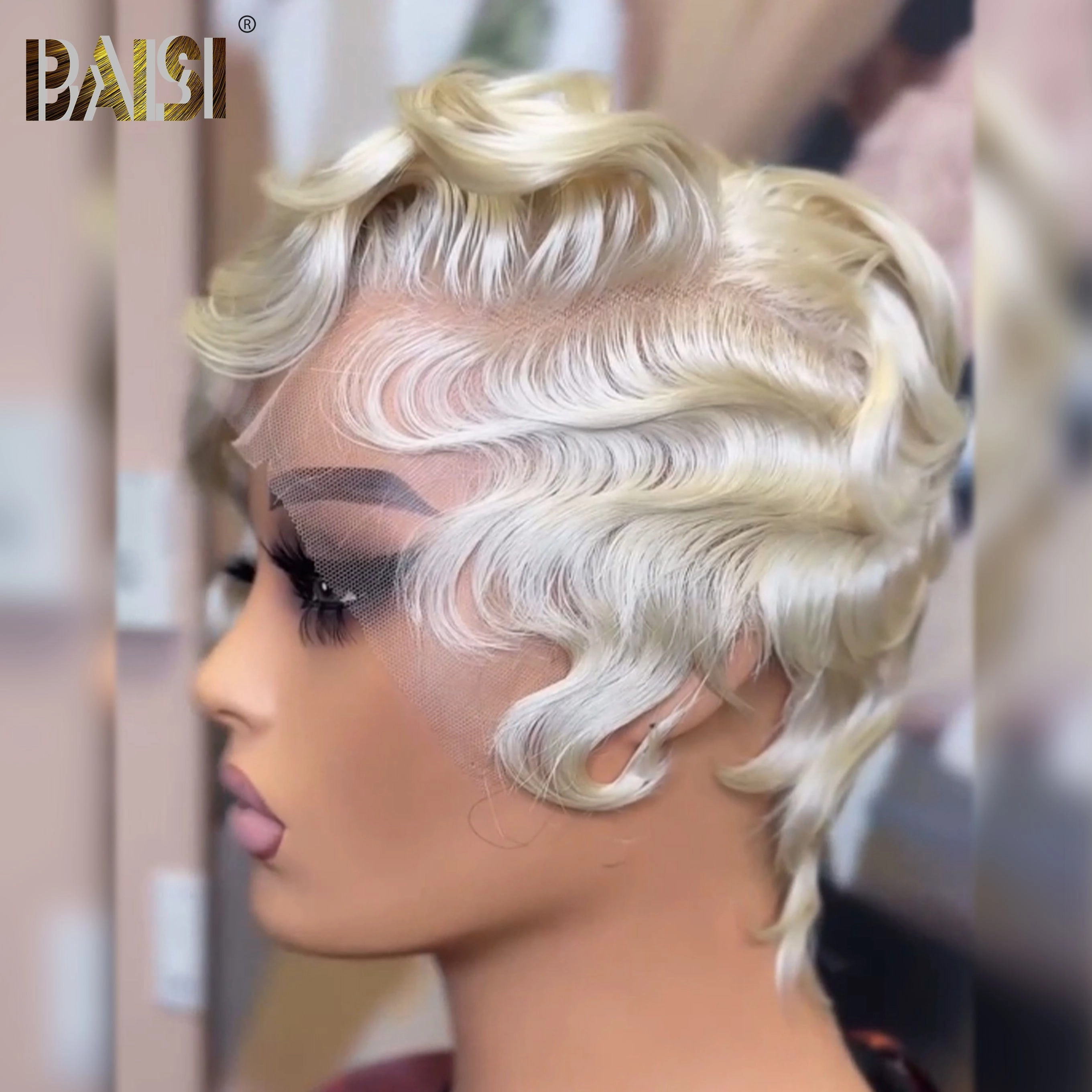 BAISI Light Blonde Short Wave Pixie Cut Full Lace Wig