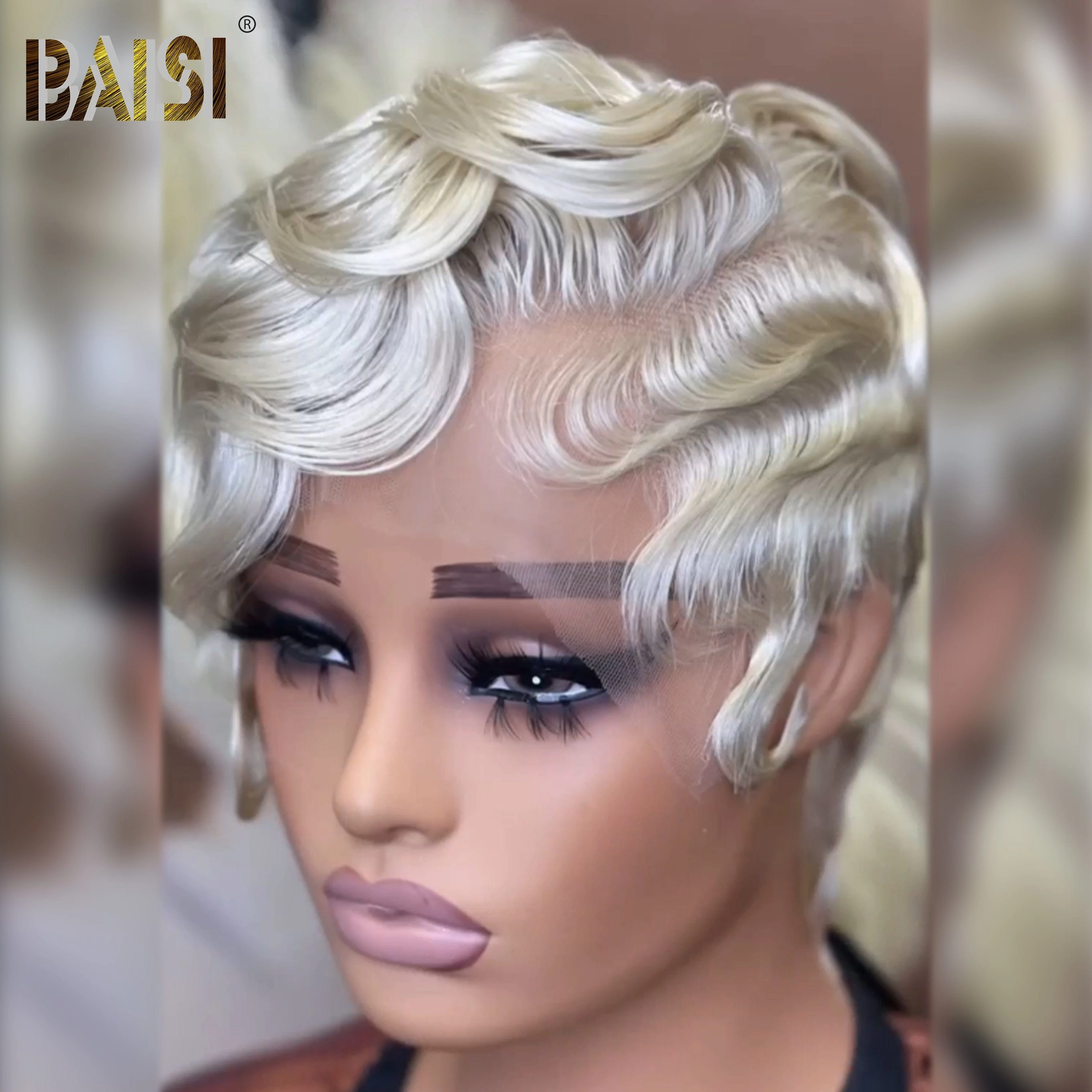 BAISI Light Blonde Short Wave Pixie Cut Full Lace Wig