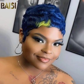 BAISI Machine Made Blue Finger Wave With Green Highlight Wig