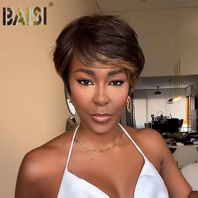 BAISI Machine Made Dark Brown PIxie Wig
