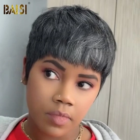 BAISI Machine Made Dark Grey Pixie Short Cut Wig