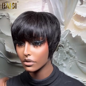 BAISI Machine Made Full Bang Pixie Short Cut Wig
