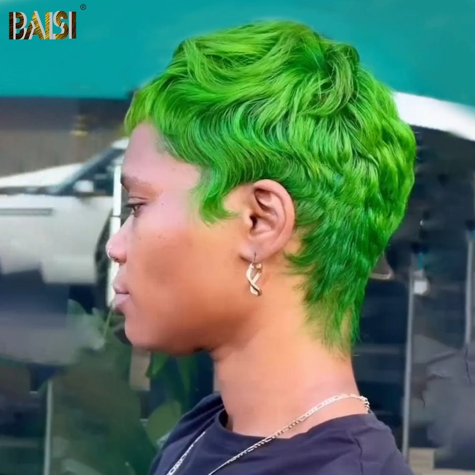 BAISI Machine Made Green Pixie Cut Wig