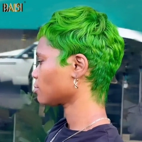 BAISI Machine Made Green Pixie Cut Wig