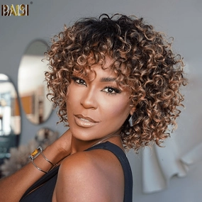 Baisi Machine Made Honey Brown Curly Bang Wig