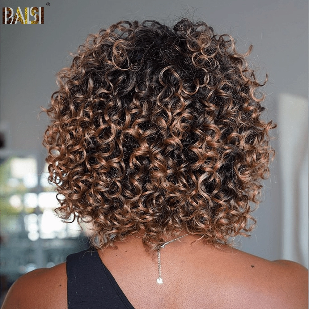 Baisi Machine Made Honey Brown Curly Bang Wig