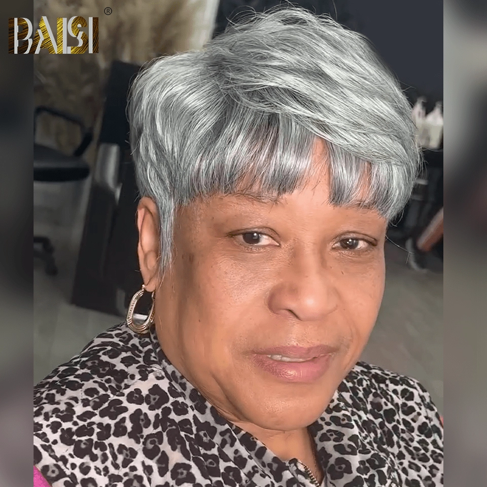 BAISI Machine Made Light Grey Pixie Cut Wig